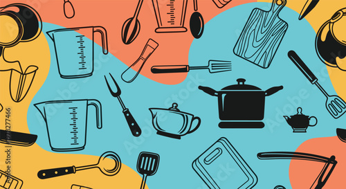 Colorful seamless pattern featuring various kitchen utensils and cooking equipment icons like pots pans and measuring cups on abstract shapes.