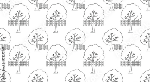 Seamless pattern with line art illustrations of deciduous trees and small picket fences on clean white background for wrapping paper.