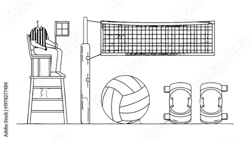 Volleyball Game Illustration: An illustration of a volleyball scene features the net, ball, knee pads, referee, and a window, capturing the essence of the game