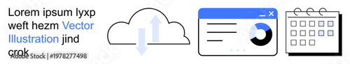 Cloud computing, data analytics, productivity tools, scheduling, technology interface, workflow planning. ion of a cloud, browser window and calendar outline. Cloud computing and data analytics