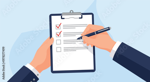 Close up of hands holding a clipboard and marking checkboxes with a pen symbolizing completed tasks and business survey process.