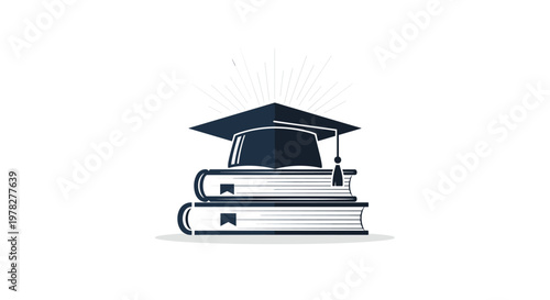 Graduation cap with a tassel resting on top of a stack of books symbolizing academic achievement and successful education completion.