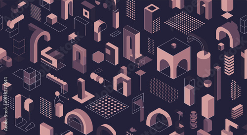 Isometric abstract background featuring various geometric 3D architectural shapes and structures in a purple and dark blue color palette.