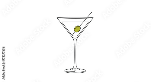 Classic martini glass filled with a clear drink and garnished with a single green olive on a pick for a sophisticated cocktail bar.