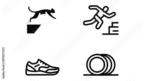Dynamic Sports and Activity Icons: A set of minimalist icons capturing the essence of agility, fitness, and active movement. showcasing speed, hurdles, and equipment.
