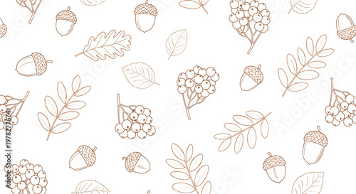 Delicate seamless pattern with line art illustrations of autumn leaves acorns and berry clusters in brown tones on a white background.