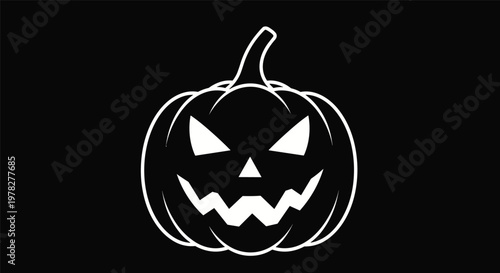 Stylized white outline of a scary jack o lantern face with glowing eyes and wide mouth on a dark black background for Halloween night.