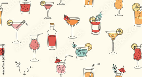 Elegant seamless pattern featuring various types of cocktails and drinks in different glassware decorated with fruit and herbs.