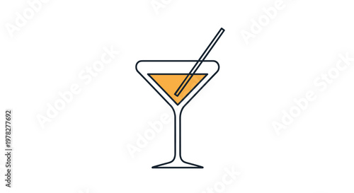 Simple icon of a martini cocktail glass filled with an orange liquid and a single drinking straw isolated on a white background.