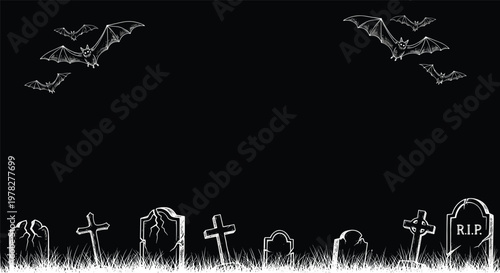 Spooky cemetery scene with various tombstones and crosses in grass under a dark sky filled with flying bats for Halloween theme.