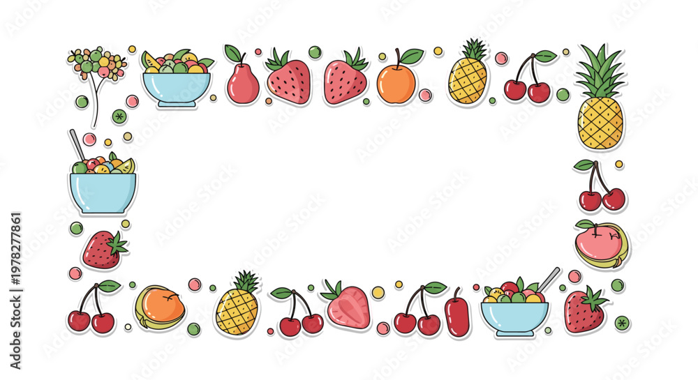 Fototapeta premium Colorful rectangular frame border composed of various fresh fruits, berries, and healthy fruit salad bowls on a white background.