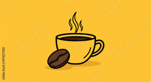 Minimalist illustration of a yellow coffee cup with rising steam and a single coffee bean on a vibrant yellow solid background.