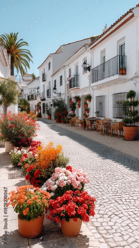 Fototapeta premium A small street with white walls and wooden doors leads downhill under the sun in a historic area with stone pavement