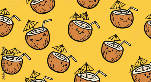 Cute seamless pattern of happy cartoon coconut cocktails with drinking straws and umbrellas on a bright yellow background color.
