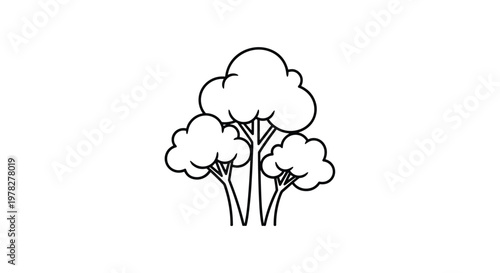 Minimalist black and white line art illustration of a group of three stylized deciduous trees with rounded canopies and trunks.