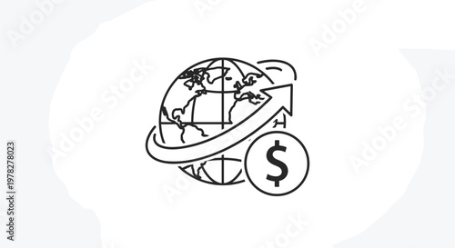 Line art icon representing global economy or international trade with a globe, an upward moving arrow, and a large dollar coin.