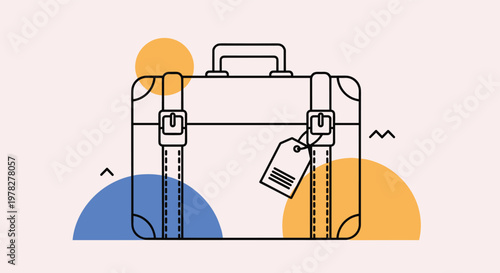 Clean line art illustration of a classic travel suitcase with leather straps and a luggage tag on a colorful abstract background.