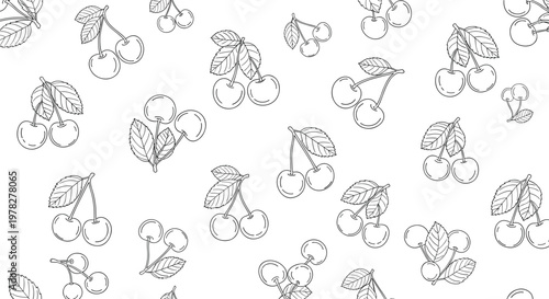 Delicate seamless pattern of finely sketched cherry bunches with leaves on a clean white background for kitchen and food decor.