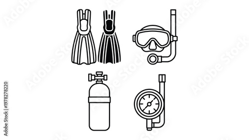 Dive Gear Essentials: A concise depiction of essential scuba diving equipment, ideal for illustrating underwater exploration and recreational activities.