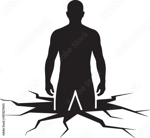Silhouette of a determined man standing in the center of a cracked ground representing instability or a breakthrough concept