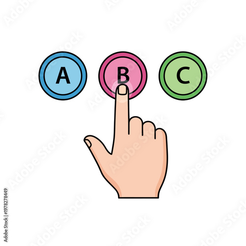 Close-up of a human finger pressing a circular button labeled 'B' amidst other buttons, symbolizing choice or selection in a graphic illustration