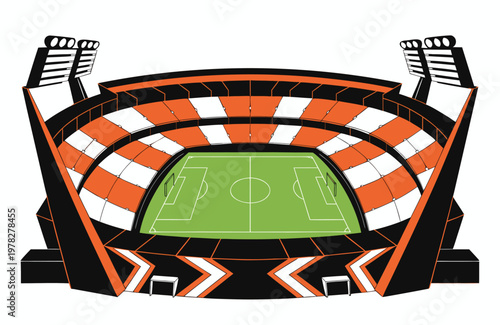 An illustration depicts a brightly colored football stadium with orange and white seating