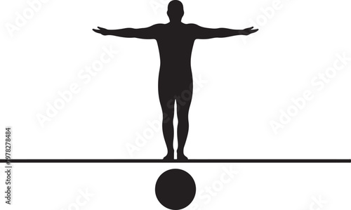 Silhouette of a person performing a balancing act on a thin line supported by a circle against a white background