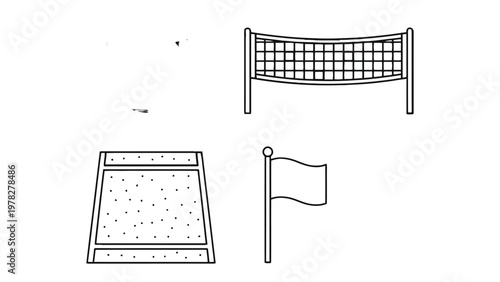 Volleyball Court with Net and flag : an overhead view features a volleyball net, flag and sandpit, with simple, clean lines. capturing a minimalistic view