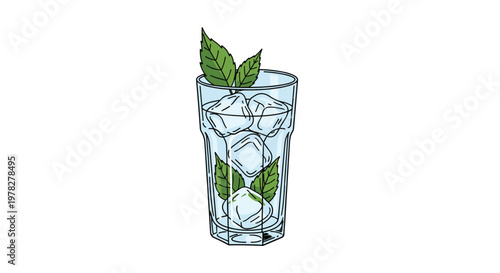 Refreshing mojito cocktail with ice cubes and green mint leaves in tall glass isolated on white background for summer beverage menu.