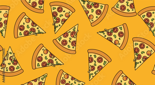 Delicious seamless pattern featuring slices of pepperoni pizza with green peppers and mushrooms on warm orange background.
