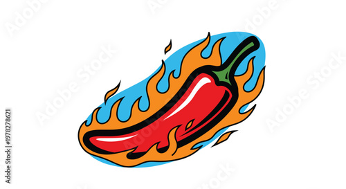 Hot and spicy red chili pepper surrounded by orange flames on blue background representing heat and intense flavor of food.