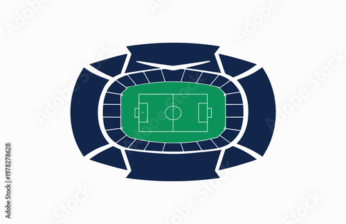 Overhead view of a stylized soccer stadium with a green pitch and blue seating