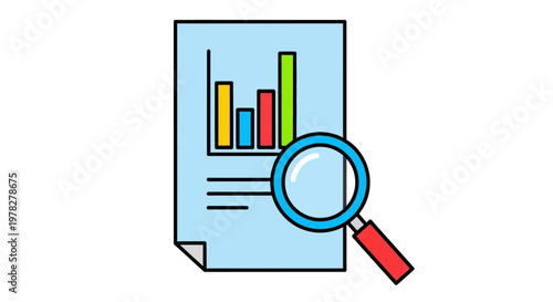 Illustrative graphic representing a document with a bar chart and a magnifying glass indicating data analysis and research