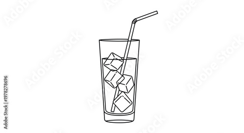 Outline drawing of tall glass filled with water, ice cubes, and drinking straw for cold beverage illustration on white background.