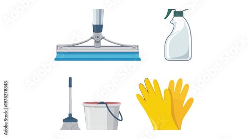 Cleaning Essentials: Depicts essential cleaning tools, including a mop, spray bottle, broom, bucket, and rubber gloves, representing household maintenance and hygiene.