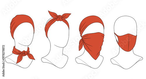 Set of mannequin heads displaying various styles of wearing red headbands and neck scarves and facial masks for protection and fashion.