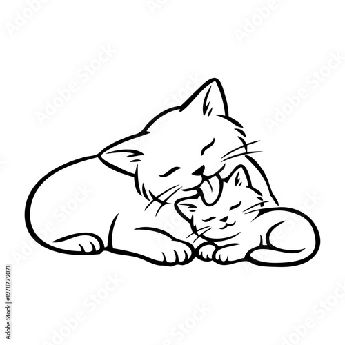 Dibujo minimalista con líneas de una madre gata limpiando a su gatito con la lengua. Concepto de amor maternal 