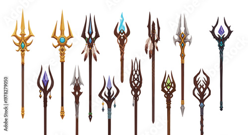 Collection of fantastical magical staves and spears decorated with glowing crystal gems and feathers and intricate tribal carvings.