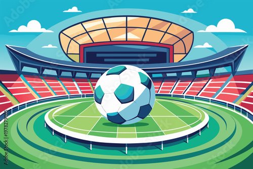 A vibrant illustration showcases a soccer ball in front of a large stadium setting
