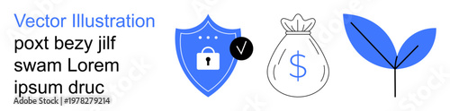 Financial security, investment, savings, eco-finance, risk management, environmental awareness. Shield with lock, money bag leaf icon. Financial security and investment visually