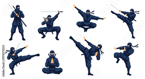 Collection of ninja characters in various dynamic combat poses wearing dark blue uniforms and wielding katanas on a white background.