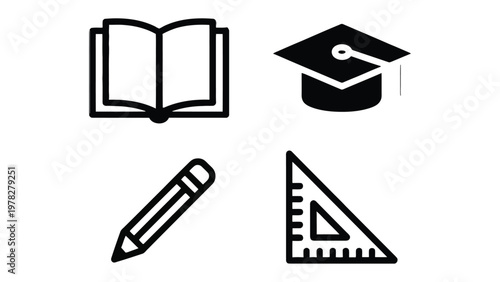 Academic Essentials: A collection of educational icons, including a book, graduation cap, pencil, and ruler, symbolizing the core elements of learning and knowledge.