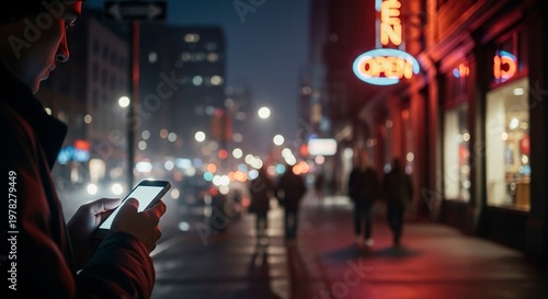 Person using phone on city street at night.