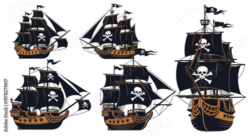 Collection of classic pirate ships with black sails featuring the skull and crossbones flag sailing on the ocean waves in various views.