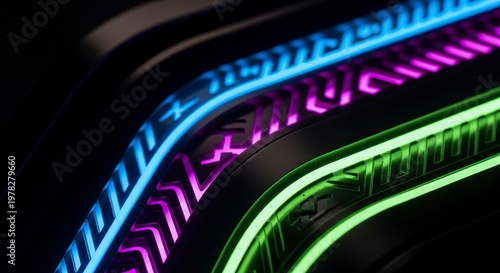 Close up of colorful LED lights on a black surface.