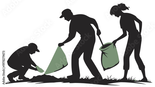 People picking up trash and putting it in bags in a community clean up effort outdoors