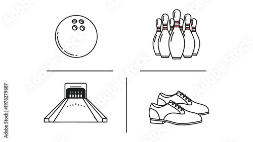 Bowling Game Icons: A collection of simple black and white vector icons related to the sport of bowling. Illustrated with a bowling ball, pins, lane, and shoes.