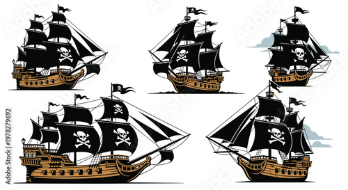 Set of five pirate ships with dark sails and skull flags including a large galleon and smaller vessels on a white background.