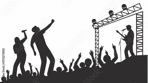 Silhouette of crowd cheering and waving at outdoor music festival with stage lights and musicians performing