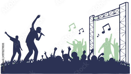 Silhouette of crowd raising hands and waving together at outdoor music festival with stage and musicians